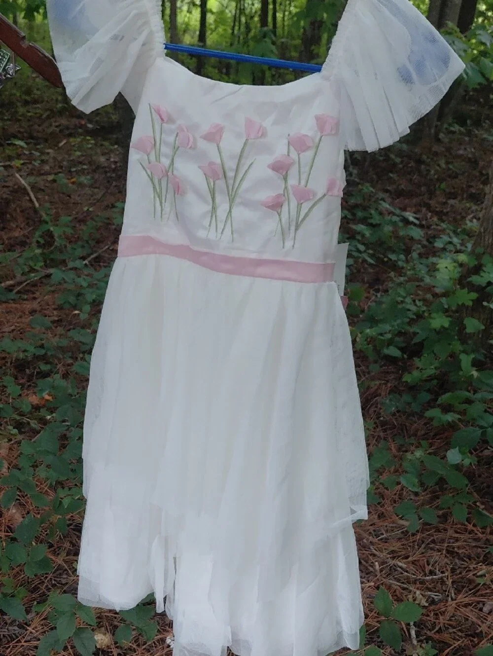Biscotti White Formal Dress with Pink Floral Embroidery
